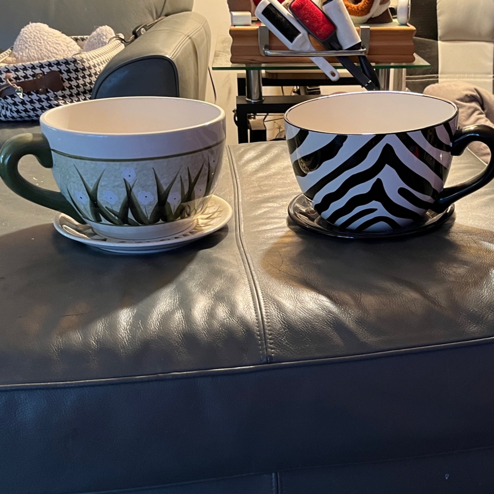 Two 10” decorative tea cup flower pots.